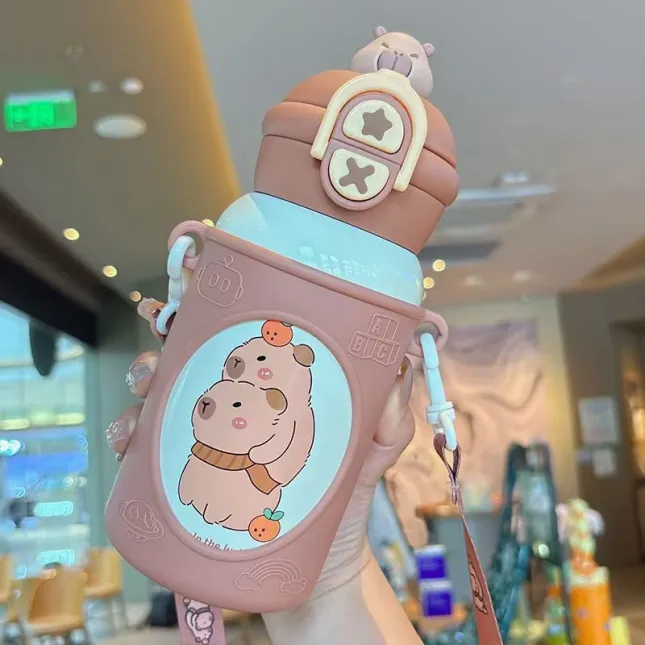 Cute Capybara Brown Plush Kids Water Bottle with Silicone Sleeve & Strap