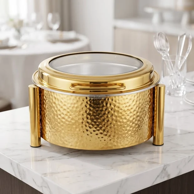 22 Inch Hammered Design Stainless Steel Golden Chafing Dish Food Warmer with Lid AZM041